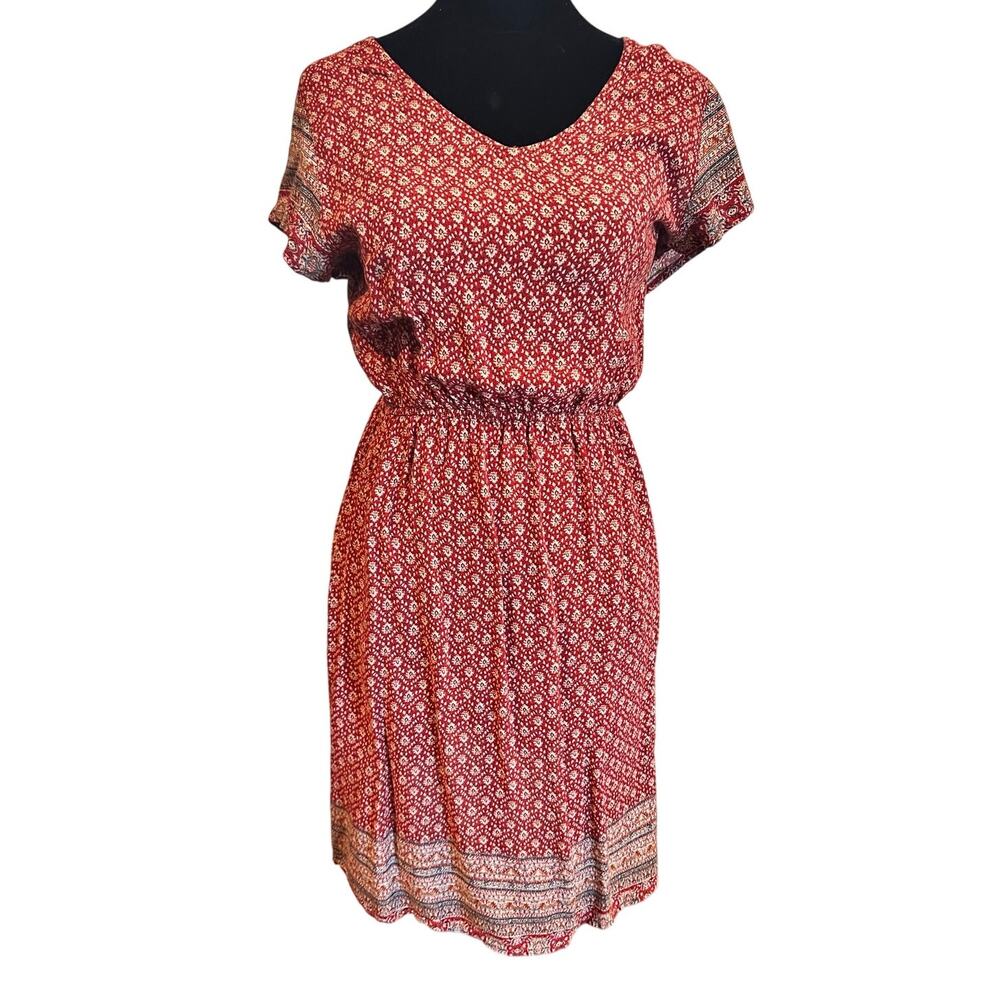 Angie Red Boho Floral Print Smocked Waist Short Sleeve Midi Dress